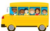 Vector illustration of bus riding to school. Pupil kids on yellow transport